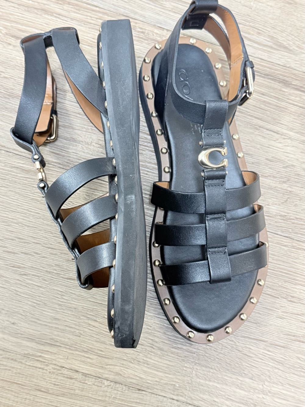 Coach Black Leather Stud-Trim Gladiator Sandals with Gold Logo - Picture 3 of 9